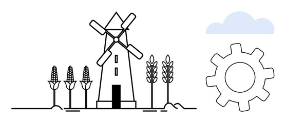 Windmill flanked by corn stalks and wheat, with cloud and gear showcasing sustainable farming, energy, industrial innovation. Ideal for green technology, rural life, agriculture, ecology