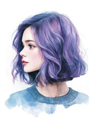 Fototapeta premium Watercolor painting of an elegant woman with shoulder-length, purple-blue hair in a bob cut