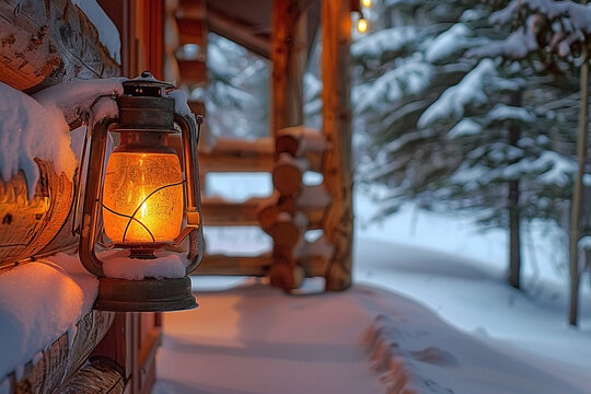 Antique lantern illuminating a snowy log cabin entrance amidst a winter landscape