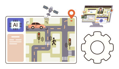 Smart city map with AI chip, satellite, car, pedestrian, traffic lights, and dashboard. Ideal for AI, IoT transportation technology automation data analysis urban planning. Simple flat metaphor