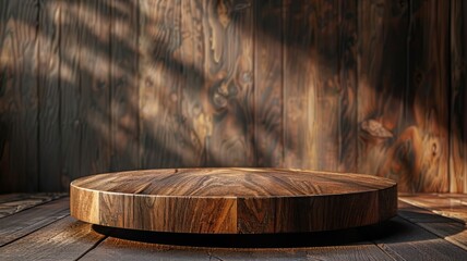Fototapeta premium Empty round wooden podium on a rustic wood background with dappled sunlight for product presentation.