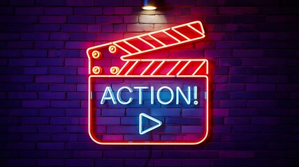 Fototapeta premium Action neon sign with glowing movie clapper on dark brick wall 