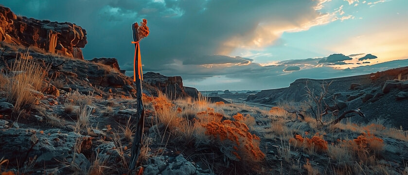 Monument Valley's Ethereal Glow: A Vision of a Rugged Desert Landscape at Sunset - Powered by Adobe