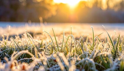 Golden Sunlight Shines Through Frosted Grass on a Crisp Morning Landscape View with Blurred Background Warm Light and Close up Ice Crystals