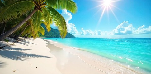 Obraz premium Sun-Kissed Shores Turquoise Waters Lap Gently on Pristine White Sand, Evoking a Perfect Tropical Getaway for Summer Vacation Dreams.