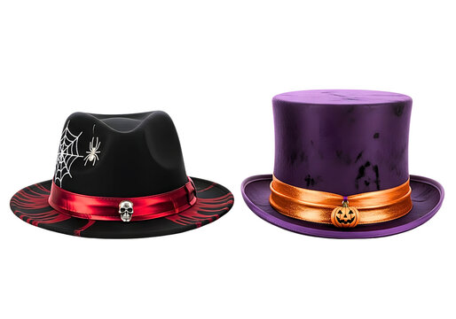 Two halloween hats a black fedora with spiderwebs and a purple top hat, isolated on transparent background.