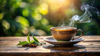 Steaming cup of tea with slowly unfolding tea leaves in a delicate ceramic cup , coffee table