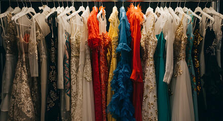 Vibrant formal dresses and evening gowns hanging on a clothing rack, a colorful collection for fashion, events, and special occasions.
