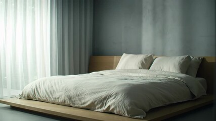 Minimalist bedroom featuring a platform bed with light bedding near a window with sheer curtains, promoting serene home ambiance