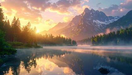 Fototapeta premium Scenic sunrise with reflection of mountains and sky over the lake water