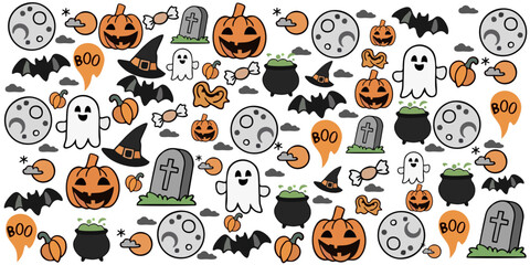 Spooky Halloween Pattern with Pumpkins, Bats, Ghosts, and Moon for Festive Designs and Creative Projects, Perfect for Parties, Decorations, and Celebrations, a Colorful Holiday Scene