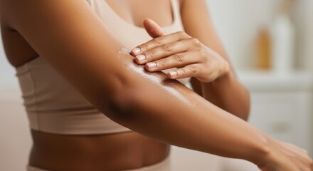 A woman gently massages lotion into her arm, providing nourishment and hydration to skin as part of beauty routine.