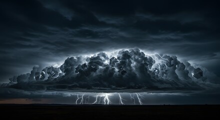 A dramatic, wide-angle landscape captures a terrifyingly beautiful storm front composed of massive, dark, interlocking geometric crystalline shapes, illuminated by internal lightning