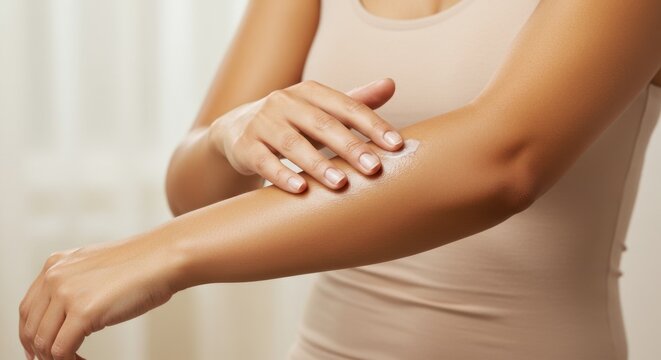 A woman is gently rubbing lotion into her forearm with left hand, moisturizing skin after shower, as part of daily beauty routine. - Powered by Adobe