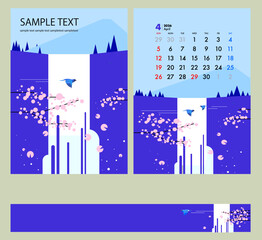 桜の花咲く山間の滝のと野鳥のイラストデザイン