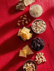 Fototapeta premium Assorted Snacks on Red Cloth with Centerline Arrangement