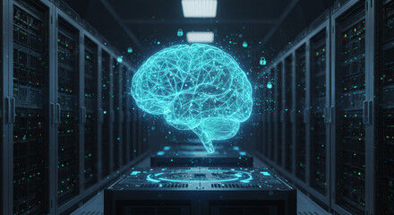 Illuminated Brain Hologram Floating Above a Futuristic Server Room with Data Center Racks