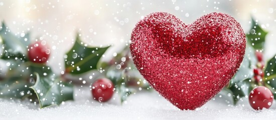 Sparkling Red Heart Ornament on Snowy Surface, Festive Christmas Decoration