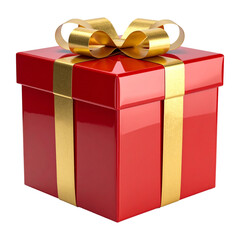 Obraz premium Red Cuboid Gift Box Featuring a Prominent Golden Ribbon and Neatly Tied Bow