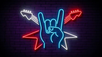 Rock hand sign neon illustration with electric guitars and colorful lights
