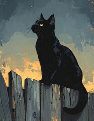 A black feline sits atop a weathered fence, gazing upward