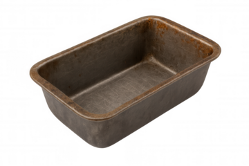 Vintage metal loaf pan with rust and scratches, old kitchen bakeware for baking bread and cakes
