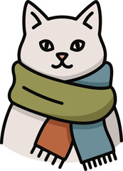 A cute, simplified illustration of a white cat wearing a multicolored scarf with olive green, terracotta orange, and dusty blue sections, looking forward.