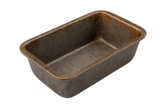 Vintage metal loaf pan with rust and scratches, old kitchen bakeware for baking bread and cakes