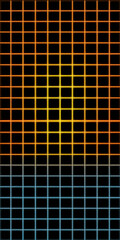 Abstract Neon Grid Background with Orange and Blue Glowing Lines on Black, Modern Tech Design, Futuristic Pattern, Geometric Illustration