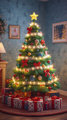 A glowing Christmas tree decorated with red bows and golden lights surrounded by wrapped presents.