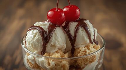 Delicious dessert bowl with scoops of vanilla ice cream and cherry garnish.