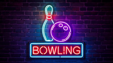 Bowling neon sign glowing with colorful lights on dark brick wall

