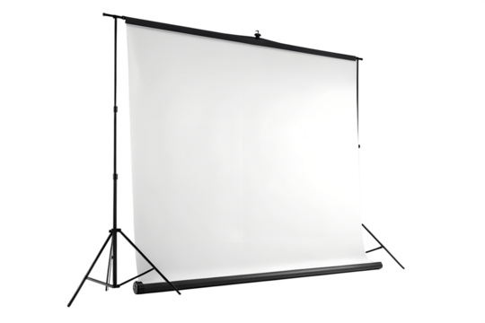 A white projection screen on a tripod stand isolated on transparent background