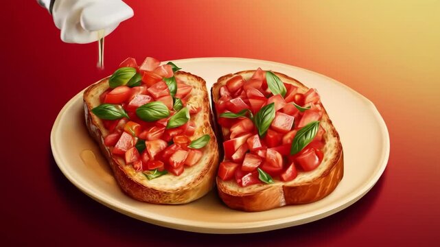 Two bruschetta appetizers with tomato and basil on a plate, studio shot