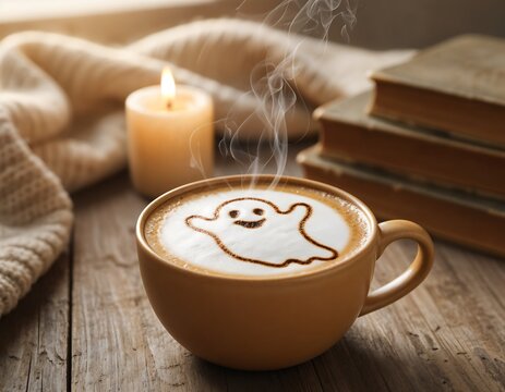Cozy Halloween Coffee with Ghost Latte Art and Candle Light