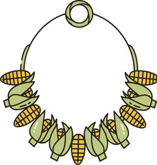A unique vector illustration of a statement necklace featuring a circular gold chain adorned with numerous stylized corn cobs and their husks, designed in a playful, cartoonish style.