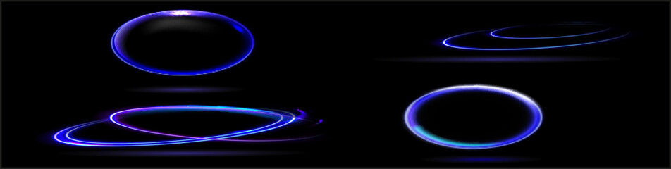Neon swirl. Curve blue line light effect. Abstract ring background with glowing swirling background. Energy flow tunnel. Blue portal, platform. Magic circle vector.
