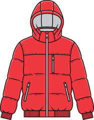 A flat-lay vector illustration of a vibrant red hooded puffer jacket, featuring horizontal quilting, a full zipper closure, two zippered hand pockets, and a zippered chest pocket, 