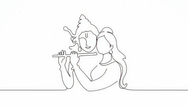 Elegant One-Line Art Depicting Radha Krishna Playing Flute Minimalist Clean Aesthetic on White Background for Janmashtami Radhashtami Lathmar Holi Jhulan Yatra Raas Leela Sharad Purnima Govardhan Puja
