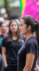 Obraz premium A young woman in profile, with a serious look, is at a peaceful protest.
