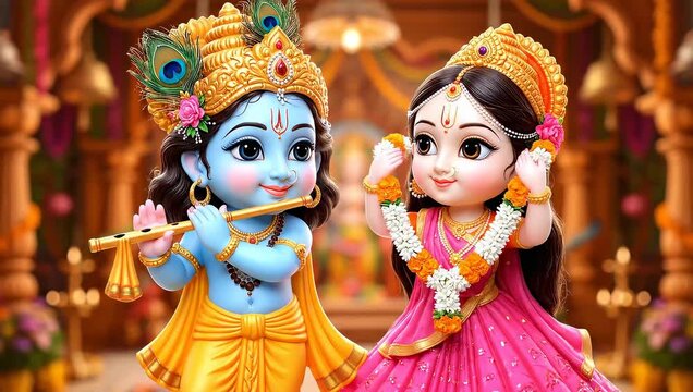 Charming Depiction of Little Krishna Playing Flute and Radha in a Traditional Hindu Setting, Indian Culture Janmashtami Radhashtami Lathmar Holi Jhulan Yatra Raas Leela Sharad Purnima Govardhan Puja