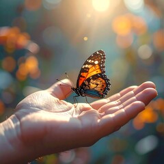 A butterfly rests gracefully on an open palm, illuminated by the sun