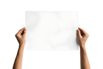 Two hands holding a blank white paper sheet isolated on transparent background