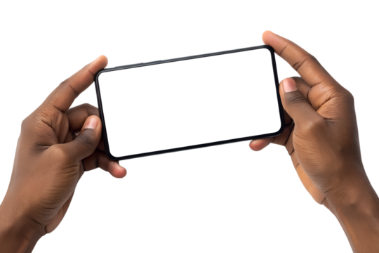 Hands holding a smartphone horizontally in landscape mode isolated on transparent background - Powered by Adobe