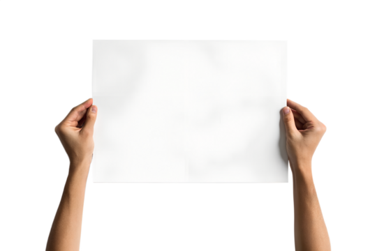 Two hands holding a blank white paper sheet isolated on transparent background