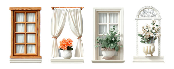Four Distinct Window Designs with Floral Accents and Elegant Curtains