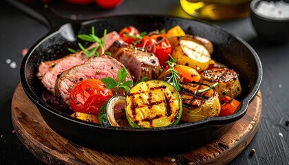 Grilled Beef Steak Medium Rare with Roasted Vegetables in Cast Iron Skillet on Rustic Wooden Board