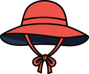 A simple, hand-drawn vector illustration of a red sun hat with a dark blue brim and chin ties tied in a bow. The style is clean and bold, suitable for icons or children's illustrations.