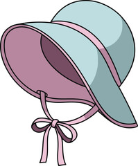 A charming cartoon baby bonnet in soft blue and pink, with a pink ribbon tied in a bow, perfect for infants.