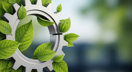 Sustainable Industrial Gear Intertwined with Vibrant Green Leaves, Symbolizing Eco-Friendly Innovation.